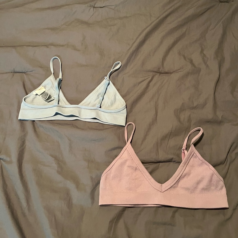 ribbed triangle cotton bralettes with crossover strap features, sold together